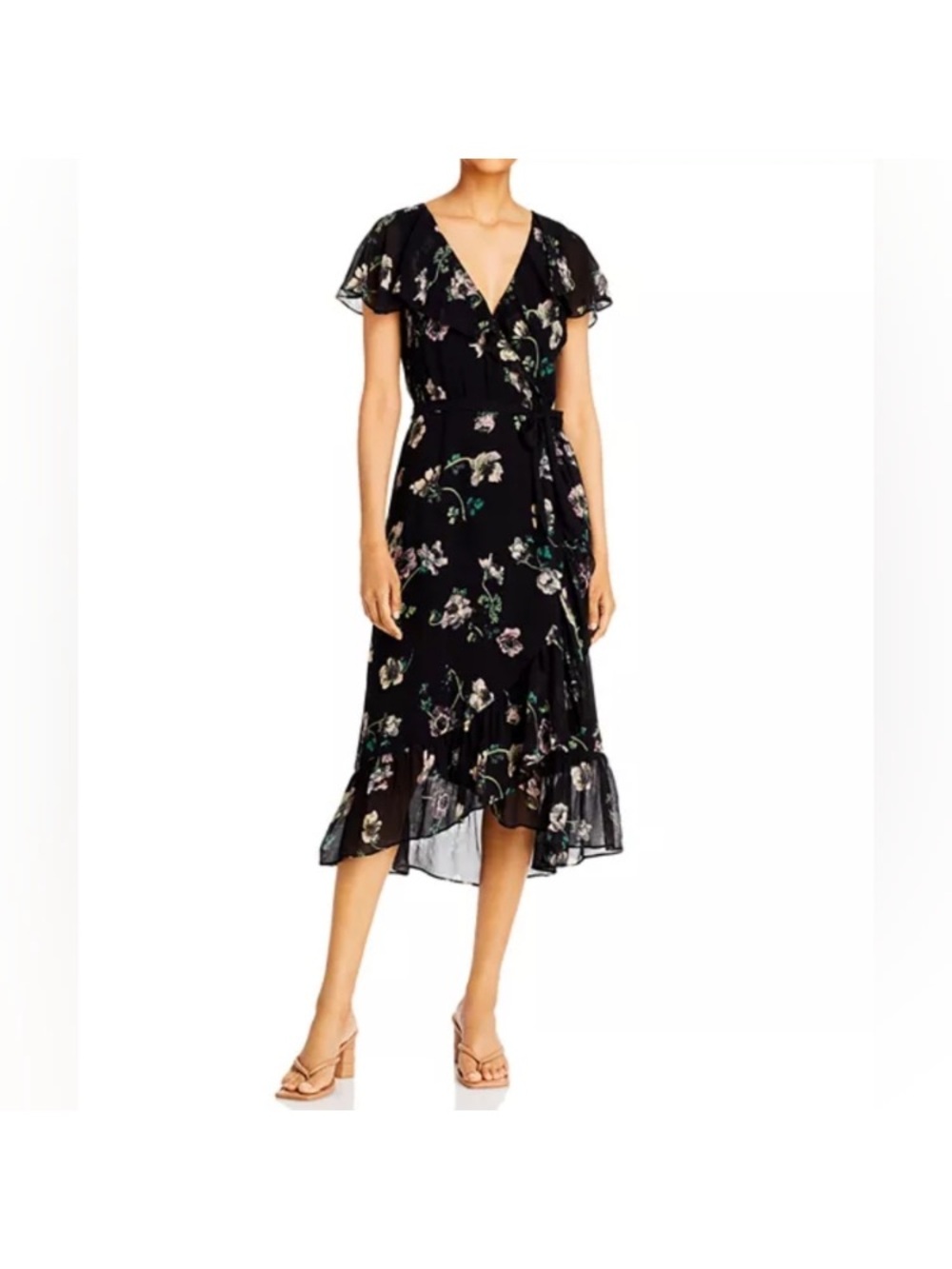 PAIGE Black Floral Wrap High-Low Midi Dress